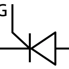 Schematyczny symbol tyrystora z oznaczeniami K (katoda), A (anoda) i G (bramka).