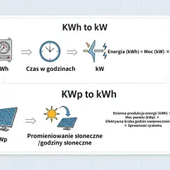 Diagram wyjaśnia, jak przeliczyć energię (kWh) na moc (kW) i jak moc paneli fotowoltaicznych (kWp) przekłada się na produkcję energii.