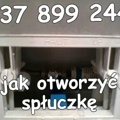 Widok mechanizmu spłuczki podtynkowej. Tekst: "jak otworzyć spłuczkę". Numer telefonu: 737 899 244.