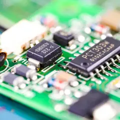 Zbliżenie na zieloną płytkę drukowaną z widocznym układem scalonym PCT303W i innymi komponentami elektronicznymi.