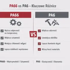 Porównanie PA66 i PA6: PA66 ma wyższą odporność na temperaturę i sztywność, PA6 większą udarność i niższy koszt.