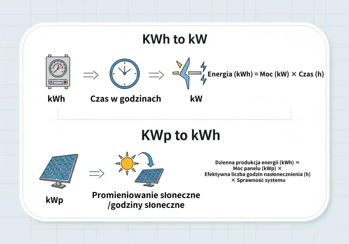 Diagram wyjaśnia, jak przeliczyć energię (kWh) na moc (kW) i jak moc paneli fotowoltaicznych (kWp) przekłada się na produkcję energii.