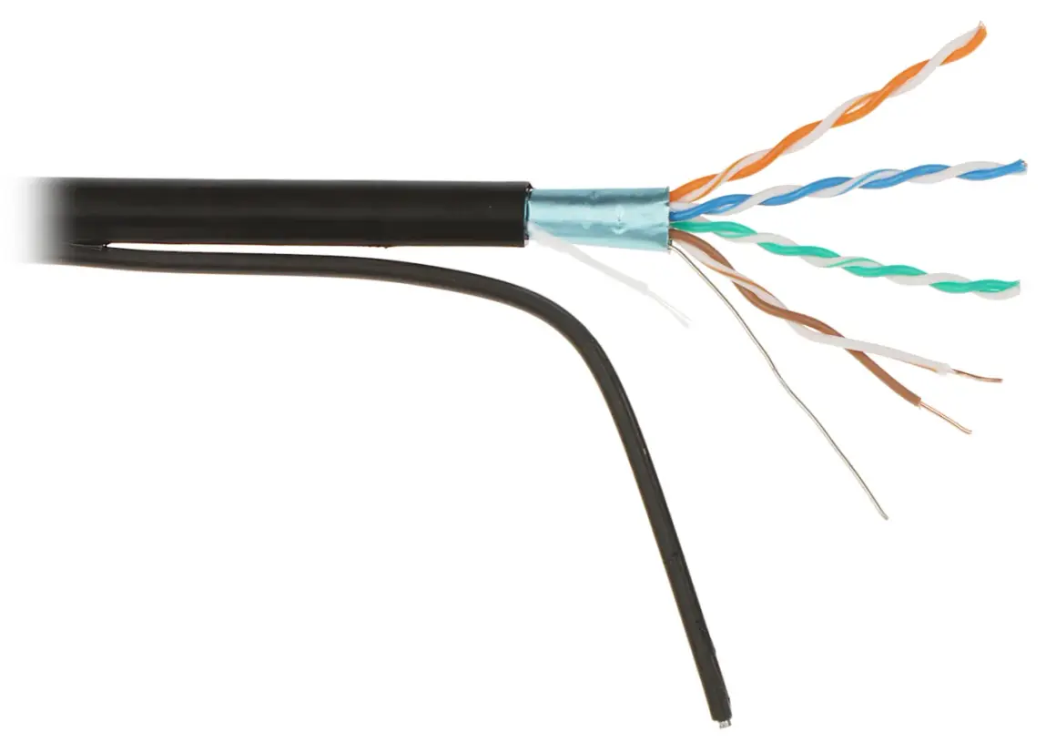 Kabel sieciowy u/ftp z odsłoniętymi, skręconymi parami przewodów w kolorach pomarańczowym, niebieskim, zielonym i brązowym.