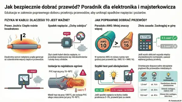 Przewody zasilające, ich przekroje i obciążenia prądowe. Wykresy pokazują prawo Joule'a, spadek napięcia, paradoks AWG i test obciążenia. Dławiki nie są widoczne.