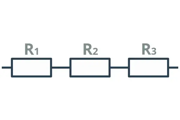 Schemat obwodu elektrycznego: trzy rezystory R1, R2, R3 połączone szeregowo.