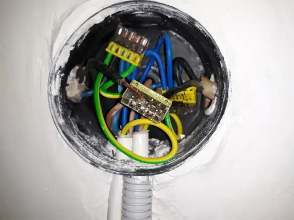 W puszce elektrycznej widać połączenia przewodów: niebieskich, zielono-żółtych i czarnych. Wygląda na to, że trwa zerowanie instalacji.