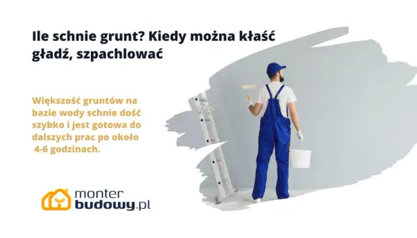 Budowlaniec z wałkiem i wiadrem czeka, aż grunt wyschnie. Ile schnie gładź? Zwykle 4-6 godzin.