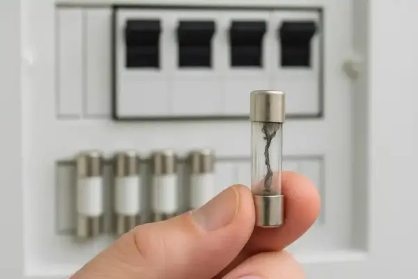 Spalony bezpiecznik, świadectwo groźnego zwarcia elektrycznego, w dłoni na tle tablicy rozdzielczej.
