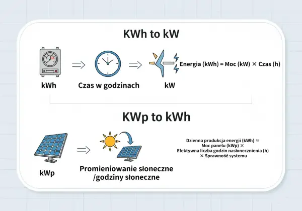 Wyjaśnienie, co to kW i kWh. Schemat pokazuje, jak moc (kW) razy czas (h) daje energię (kWh), a panele słoneczne (kWp) produkują energię (kWh) zależnie od nasłonecznienia.