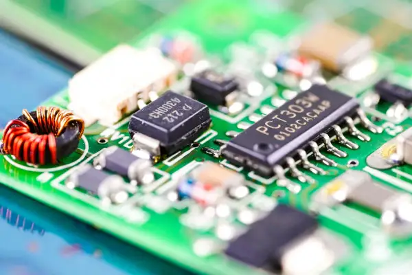 Zbliżenie na zieloną płytkę drukowaną z widocznym układem scalonym PCT303W i innymi komponentami elektronicznymi.