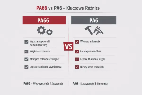 Porównanie PA66 i PA6: PA66 ma wyższą odporność na temperaturę i sztywność, PA6 większą udarność i niższy koszt.